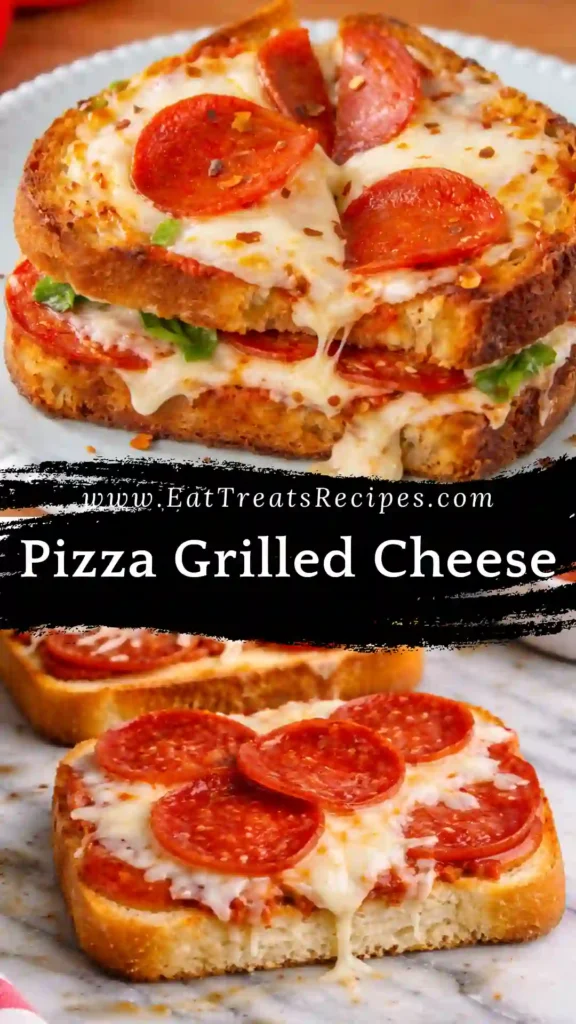 Pizza grilled cheese sandwich with melted mozzarella and pepperoni