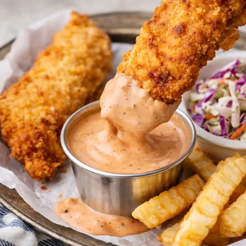 Raising Canes Sauce Recipe Copycat served with crispy chicken tenders and Texas toast