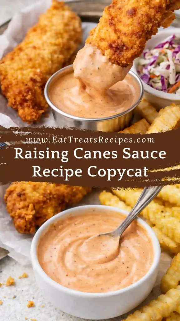Raising Canes Sauce Recipe Copycat served with crispy chicken tenders and Texas toast