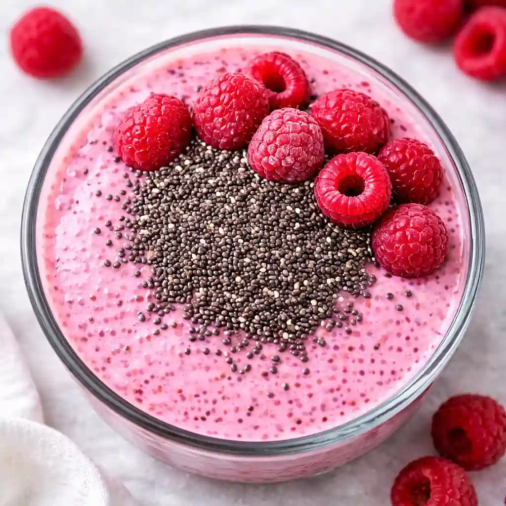 Raspberry Chia Pudding with Greek yogurt and fresh raspberries