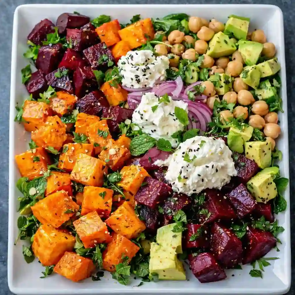 Roasted sweet potato beet salad with feta cheese and greens
