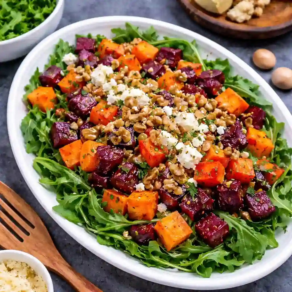 Roasted sweet potato beet salad with feta cheese and greens