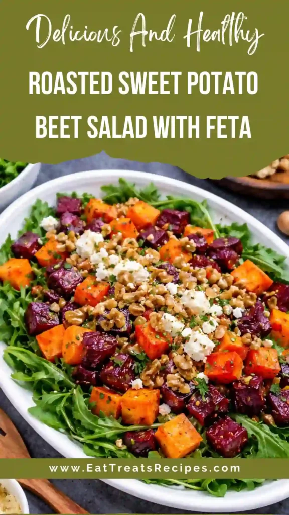 Roasted sweet potato beet salad with feta cheese and greens