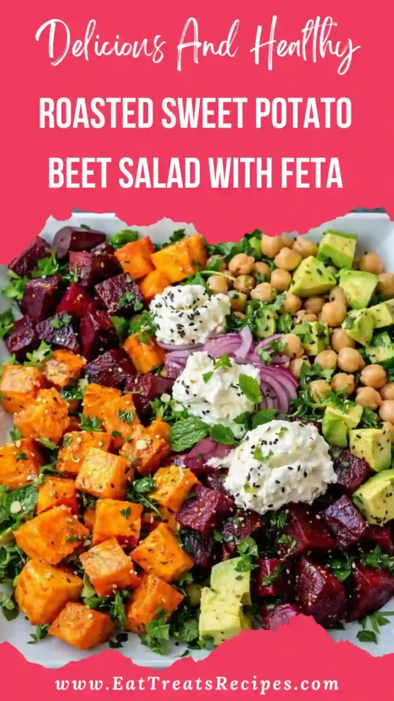 Roasted sweet potato beet salad with feta cheese and greens
