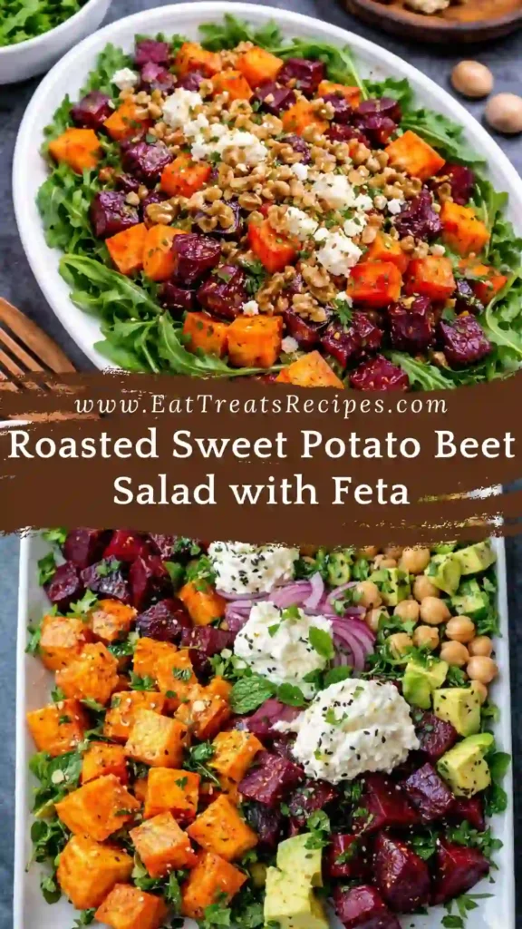 Roasted sweet potato beet salad with feta cheese and greens