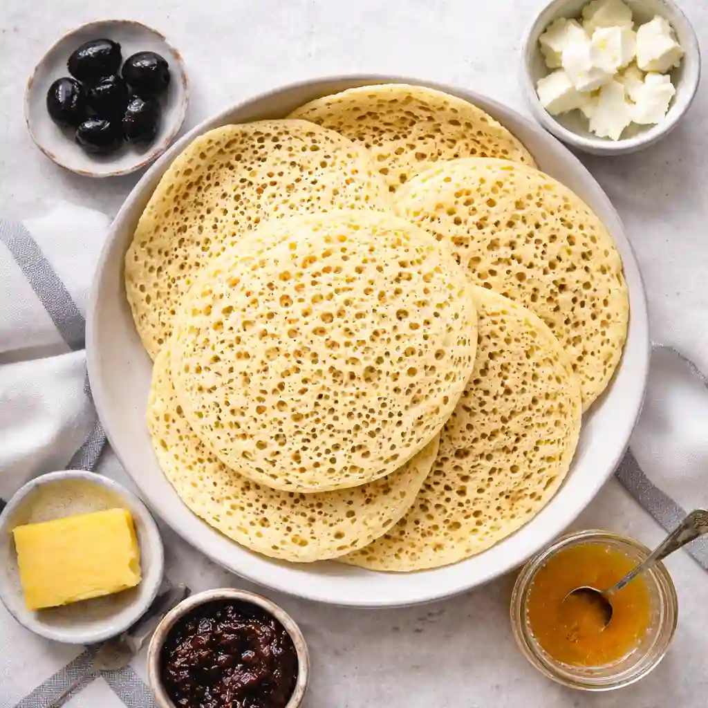 semolina pancakes with date syrup and yogurt moroccan baghrir