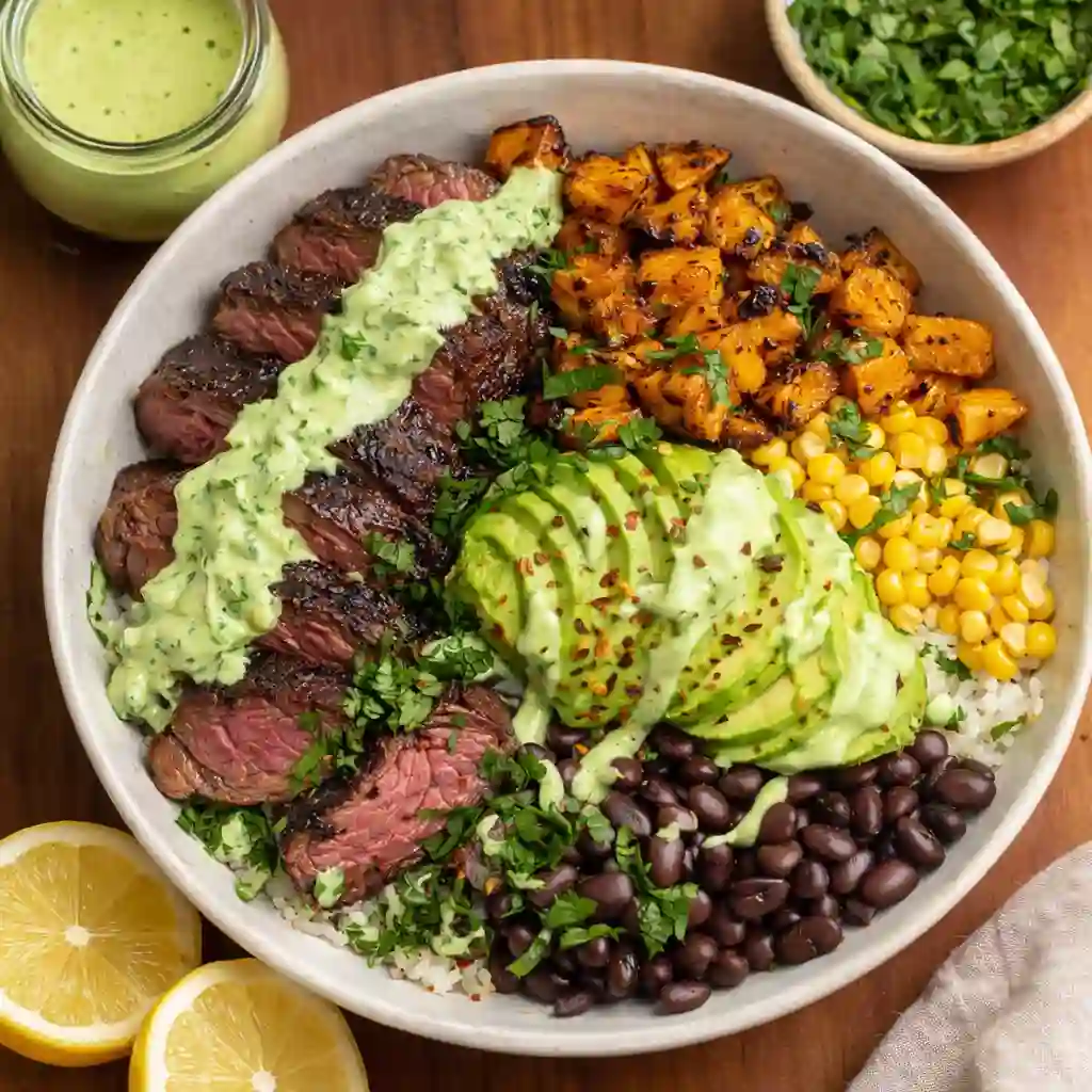 Steak and avocado bowl with cilantro cream sauce and roasted corn