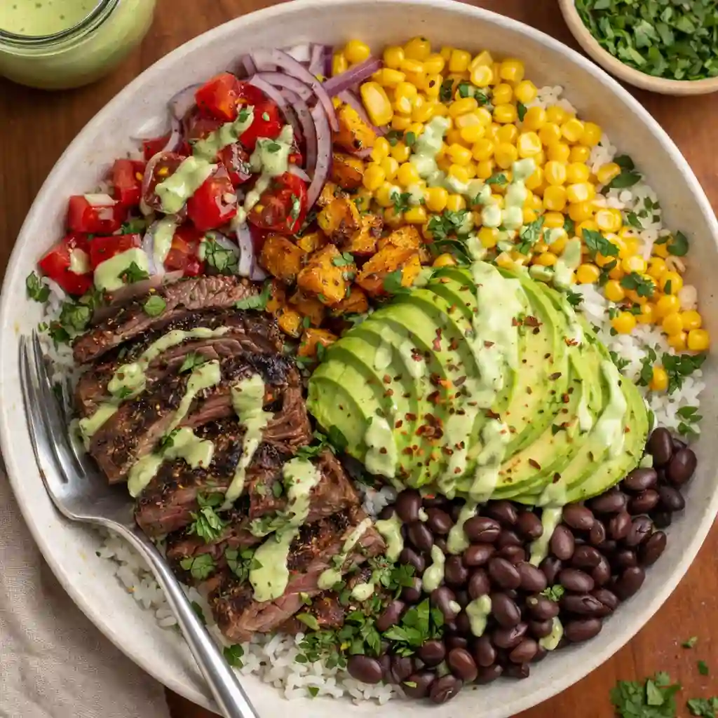 Steak and avocado bowl with cilantro cream sauce and roasted corn