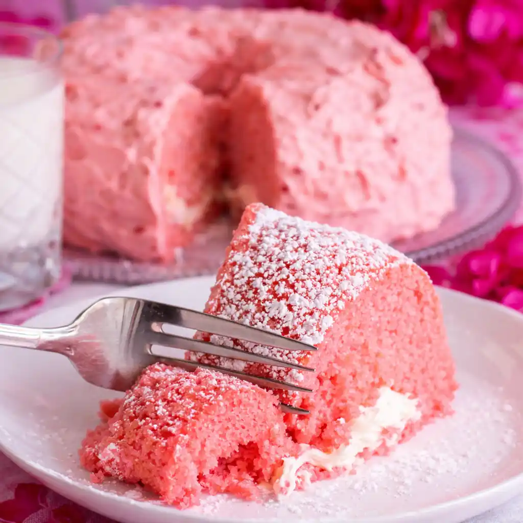 Fresh strawberry bundt cake recipe topped with homemade glaze
