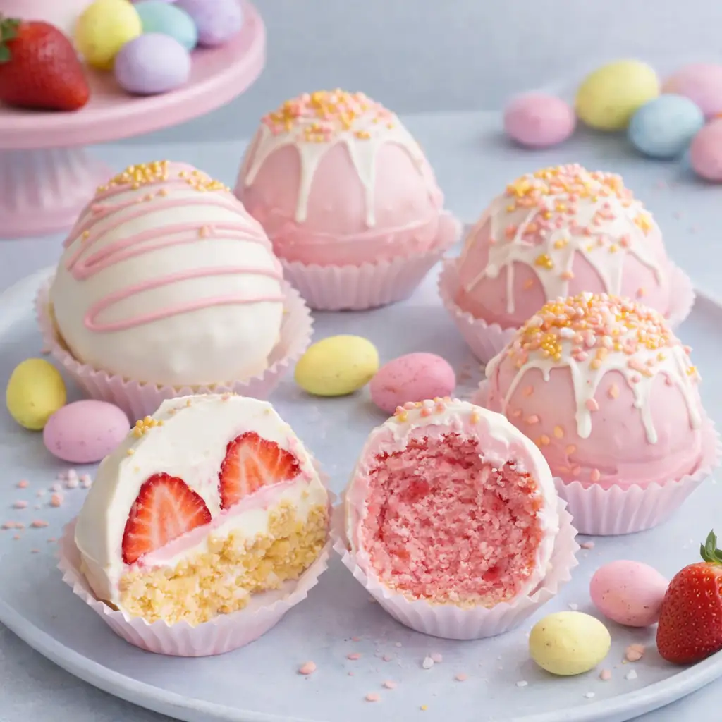 Strawberry Shortcake Easter Egg Bombs on a white marble surface