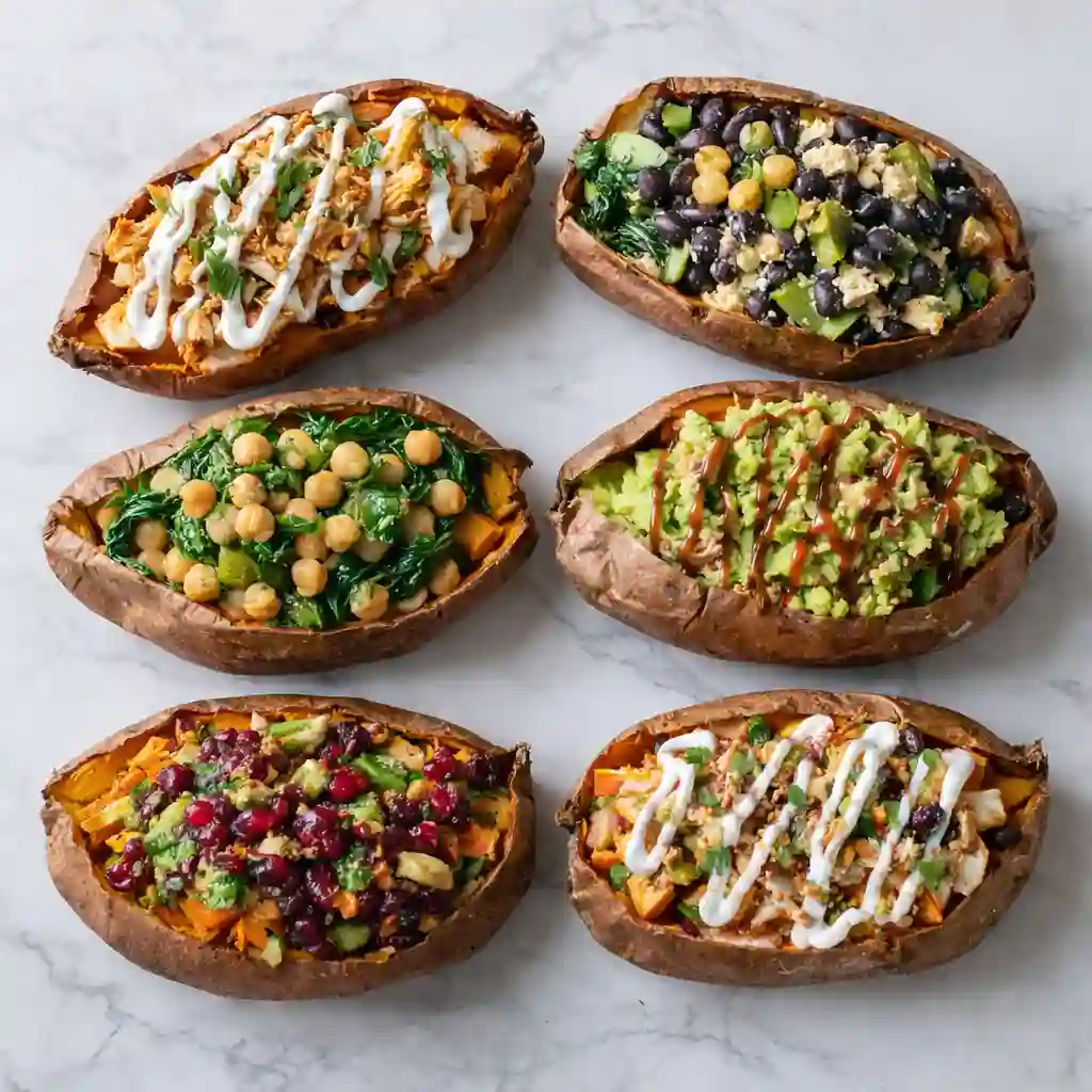 Stuffed sweet potatoes recipes with vegetables beans and herbs