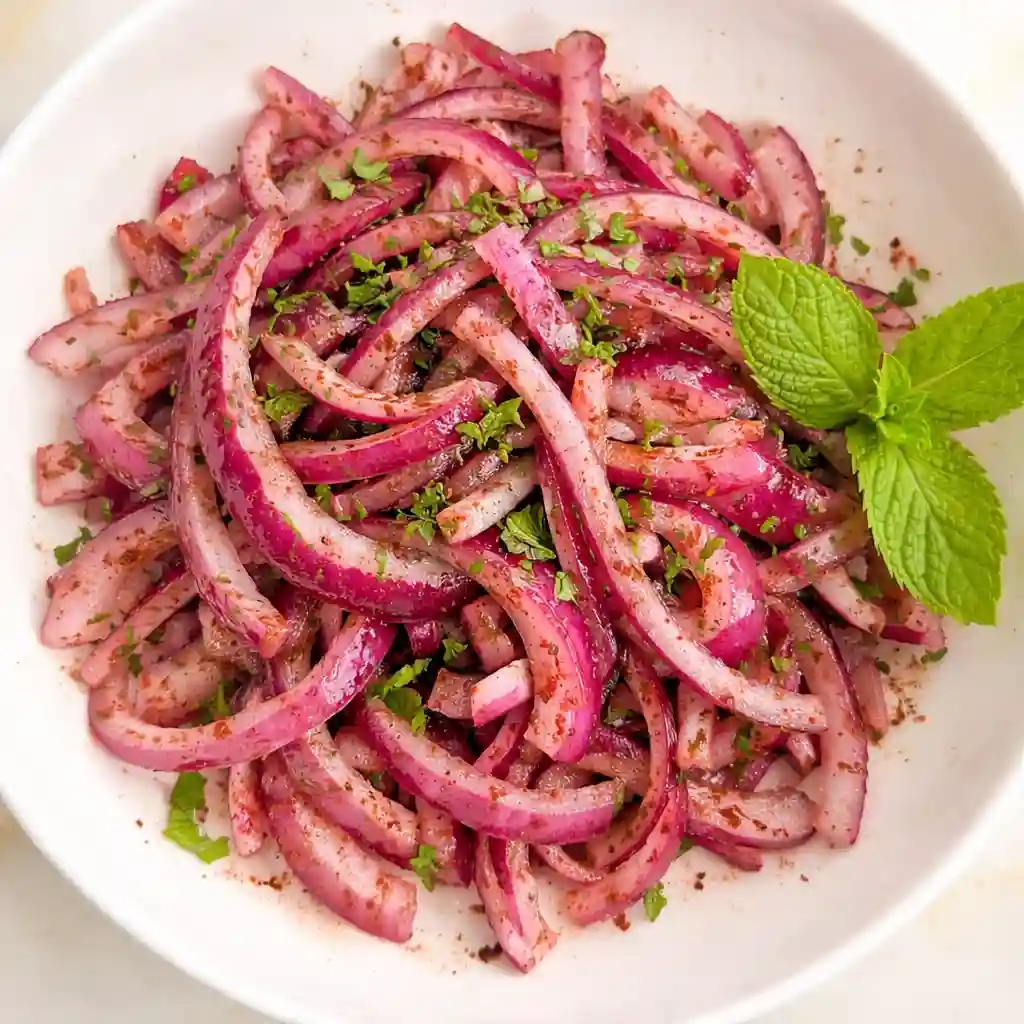 Sumac Onions (Turkish Onion Salad) made with red onions, lemon, parsley and sumac seasoning