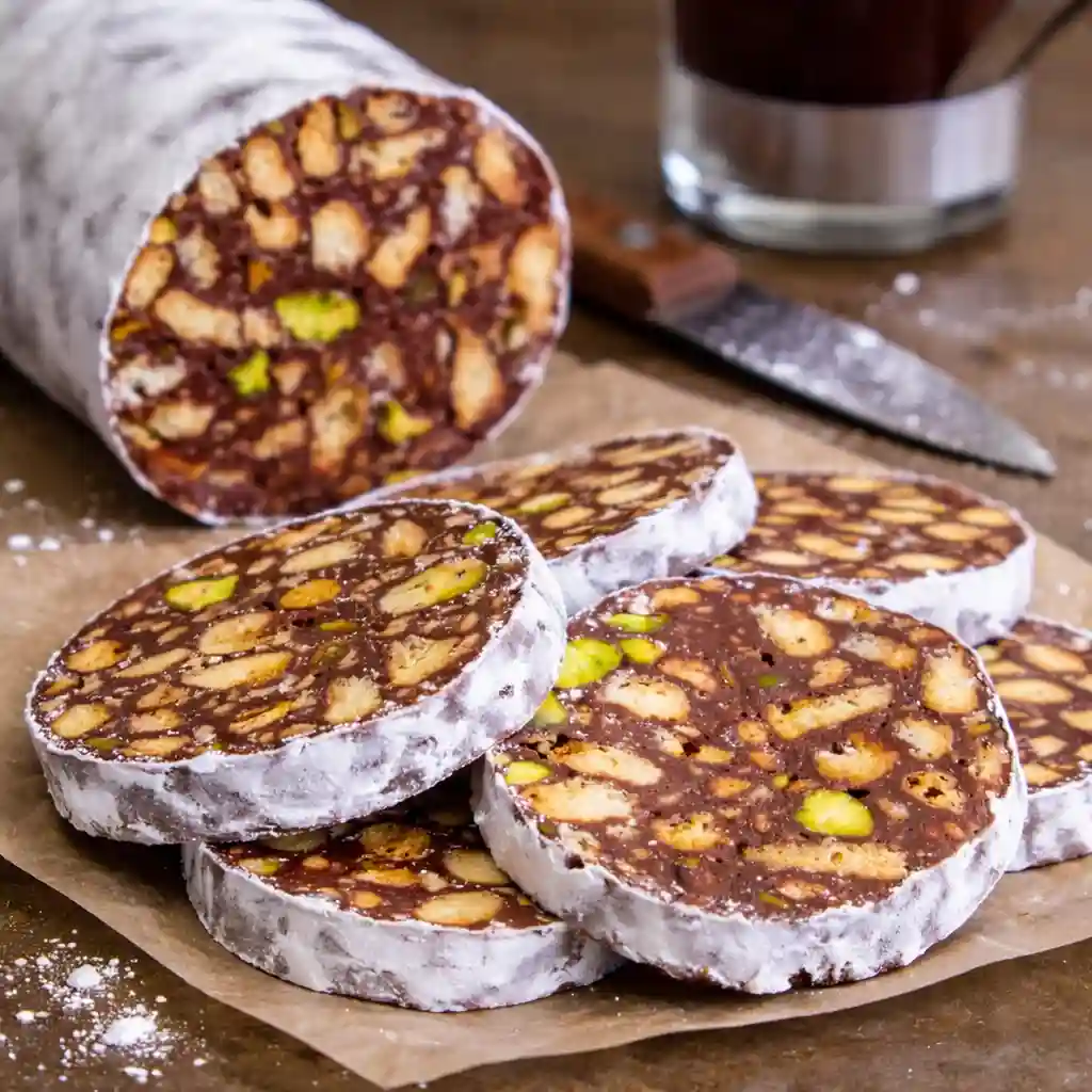 chocolate salami sliced dessert powdered sugar no bake treat