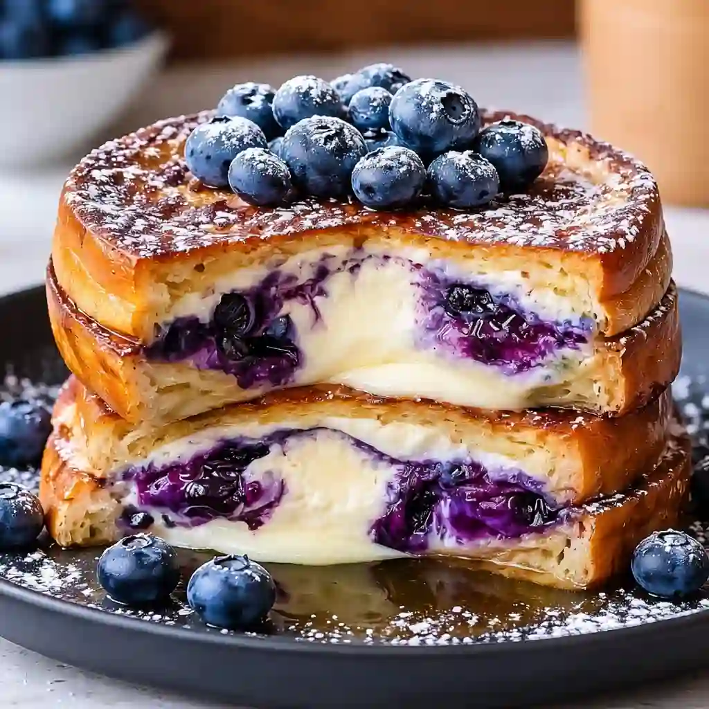 blueberry cheesecake stuffed french toast stack syrup drizzle