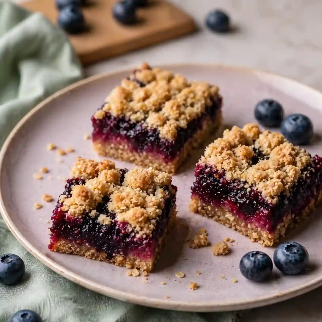 buttery blueberry rhubarb crumble bars layered fruit dessert