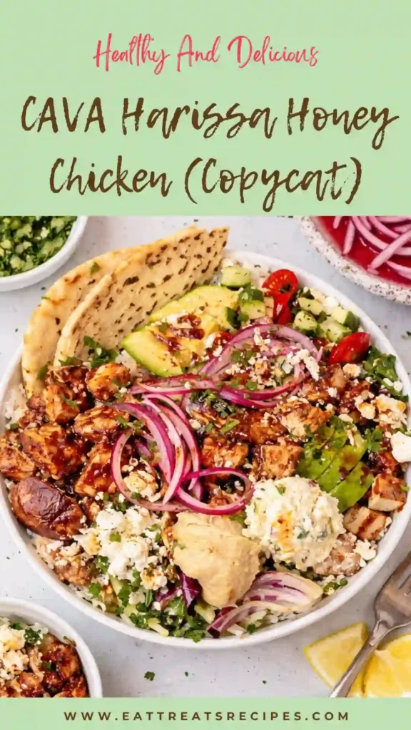 CAVA Harissa Honey Chicken copycat bowl with rice, avocado, feta and spicy honey harissa sauce