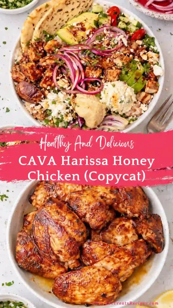 CAVA Harissa Honey Chicken copycat bowl with rice, avocado, feta and spicy honey harissa sauce