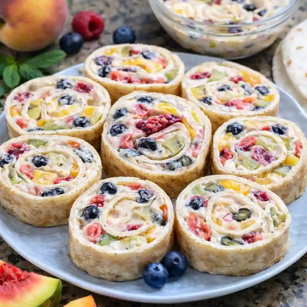 cheesecake fruit roll ups pinwheel slices colorful dessert