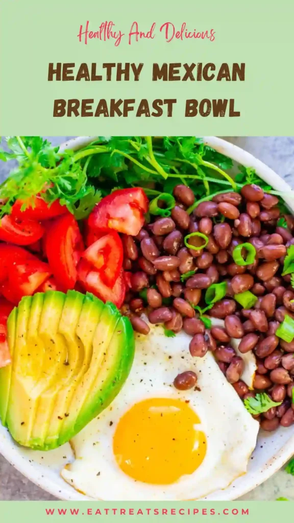 healthy mexican breakfast bowl with eggs avocado beans