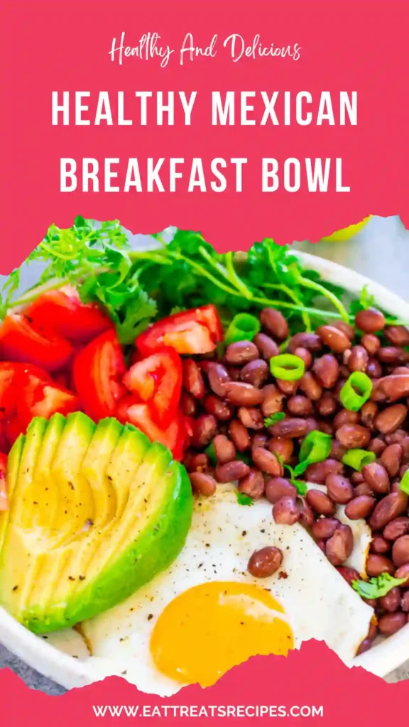 healthy mexican breakfast bowl with eggs avocado beans