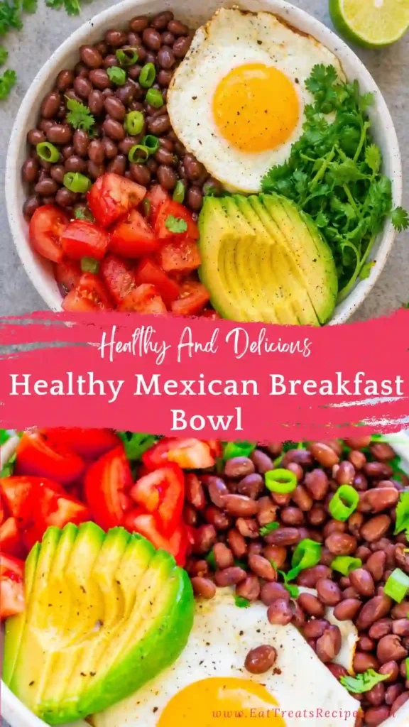 healthy mexican breakfast bowl with eggs avocado beans