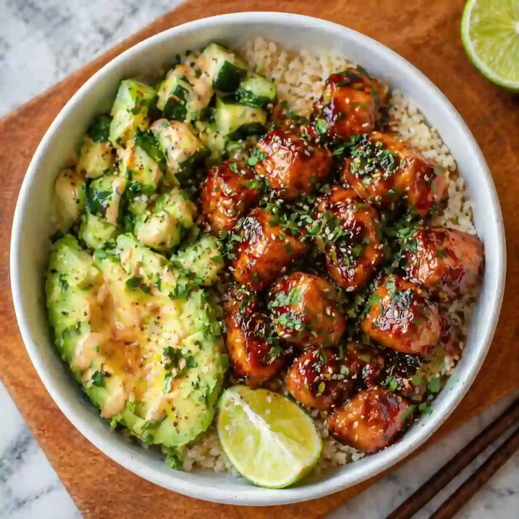 honey glazed salmon bowl recipe with rice and vegetables