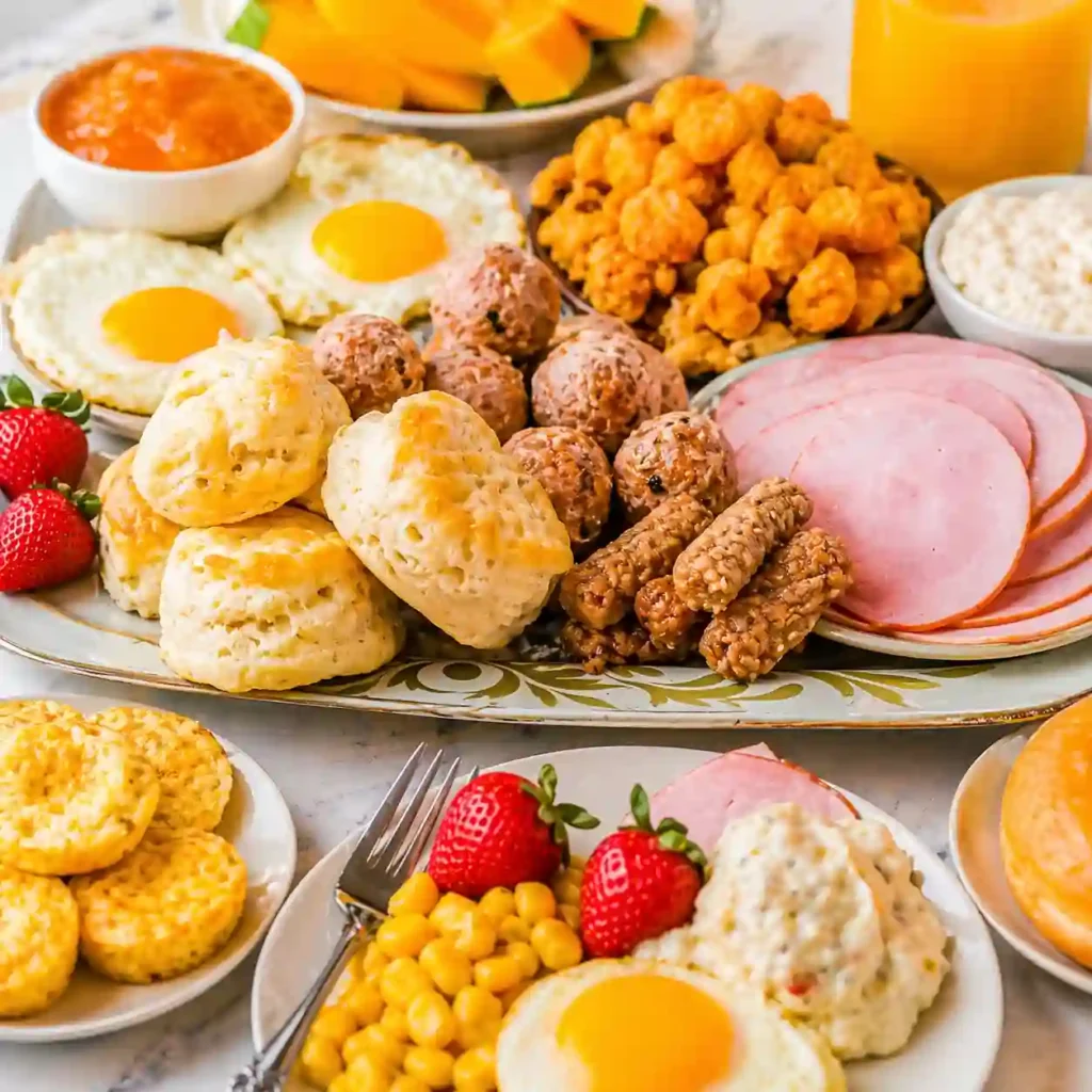 brunch board with sweet and savory foods beautifully arranged