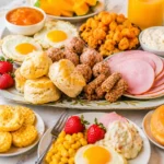 brunch board with sweet and savory foods beautifully arranged