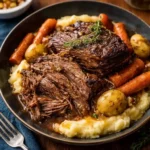serving Ina Garten’s Company Pot Roast with carrots and gravy for Sunday dinner