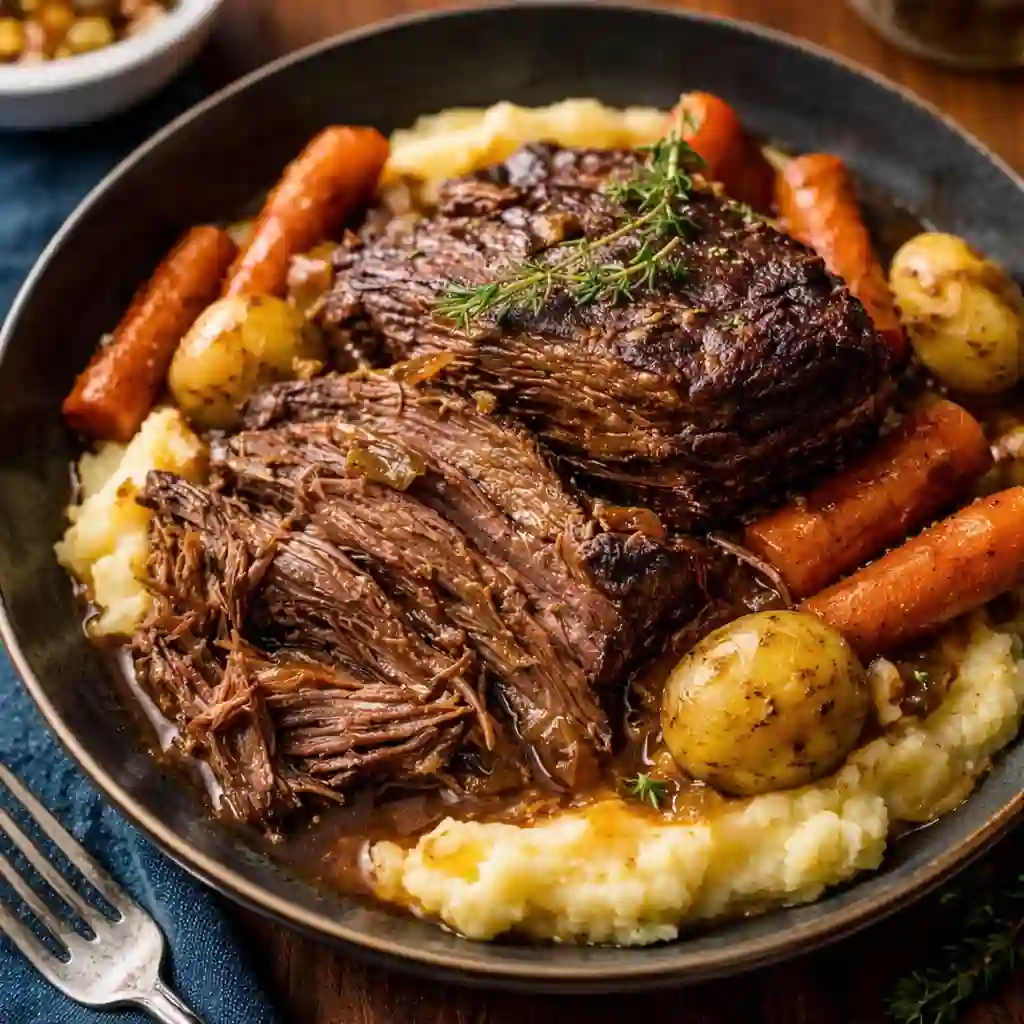 serving Ina Garten’s Company Pot Roast with carrots and gravy for Sunday dinner