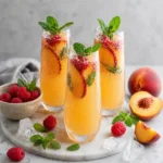 non alcoholic peach bellini mocktail sparkling drink in glass