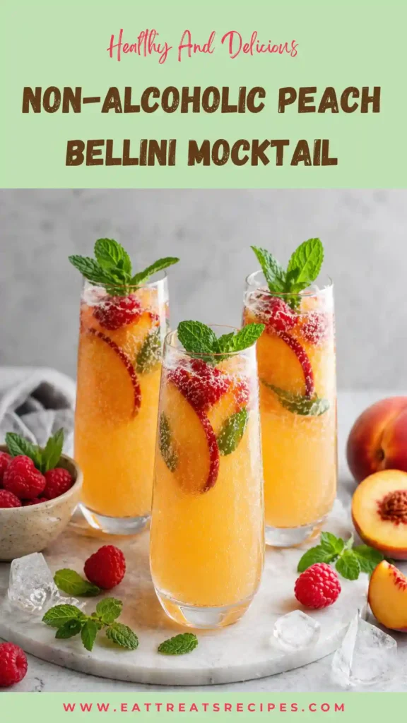 non alcoholic peach bellini mocktail sparkling drink in glass