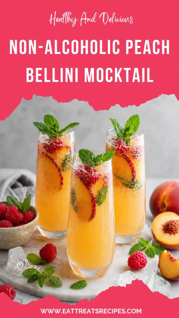 non alcoholic peach bellini mocktail sparkling drink in glass