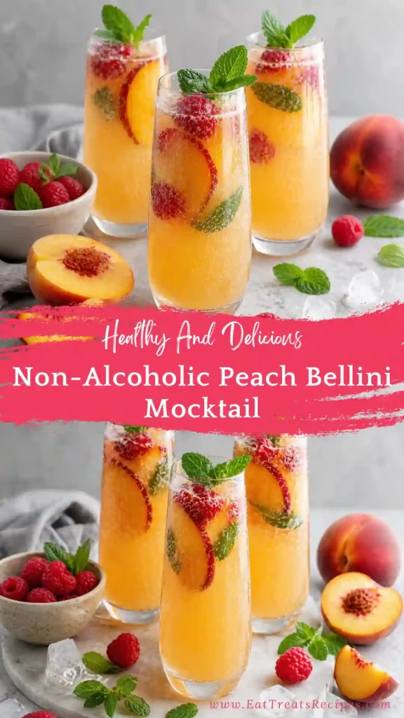 non alcoholic peach bellini mocktail sparkling drink in glass