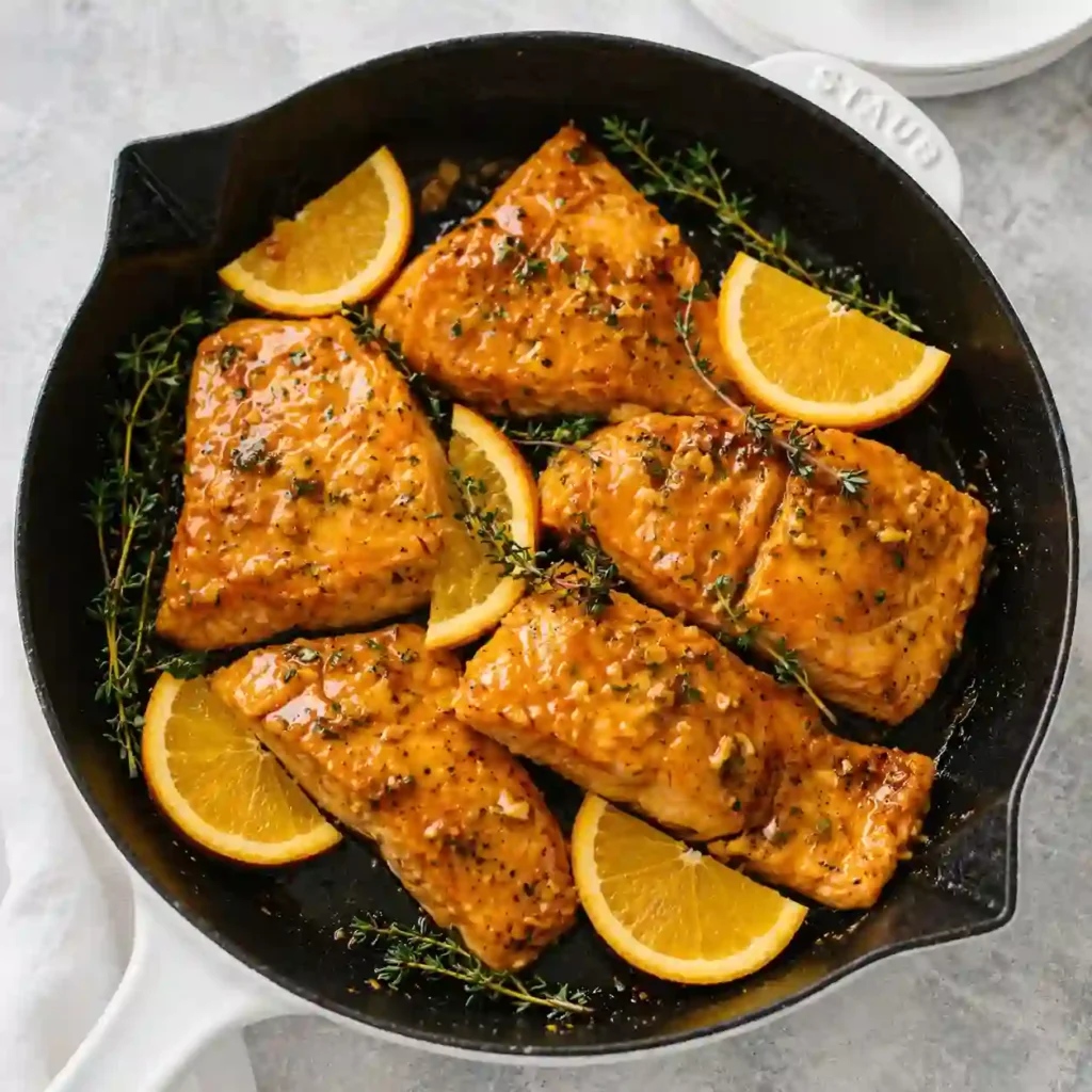 orange glazed salmon with glossy citrus sauce on plate