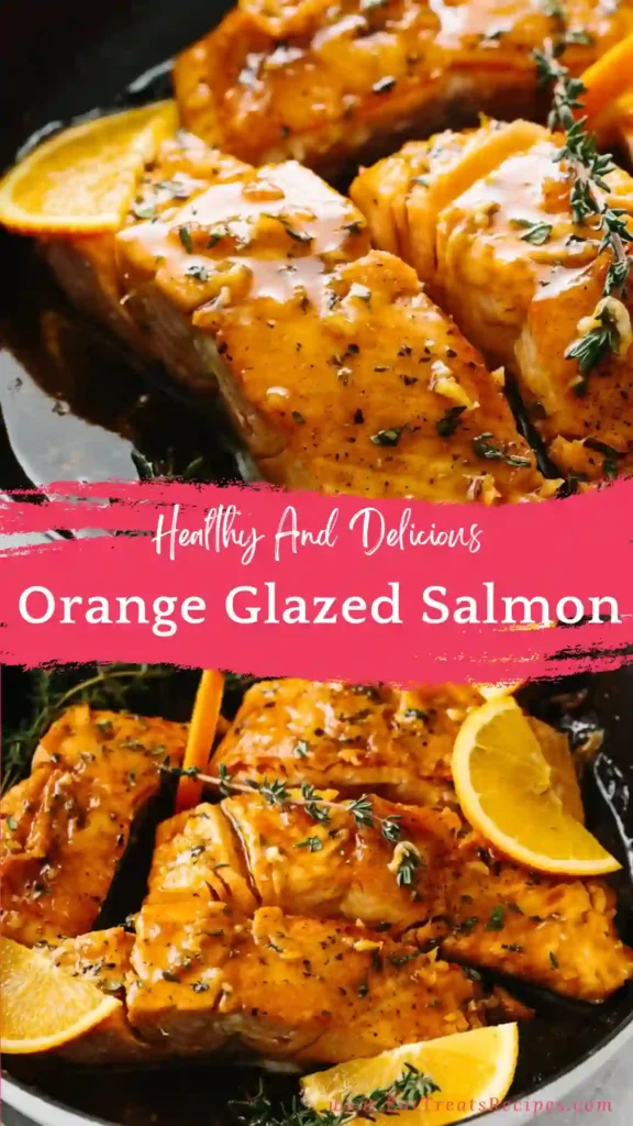 orange glazed salmon with glossy citrus sauce on plate