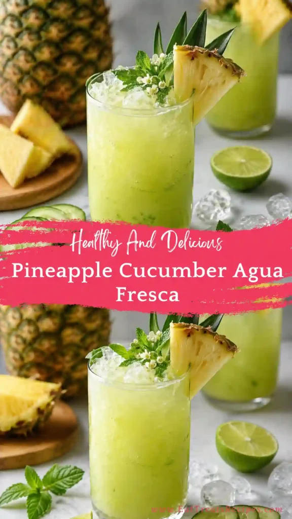 pineapple cucumber agua fresca refreshing drink in glass with ice