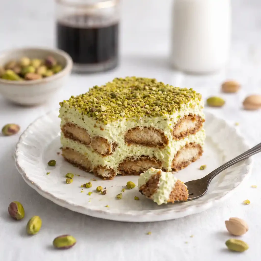 pistachio tiramisu creamy layered dessert with pistachio topping