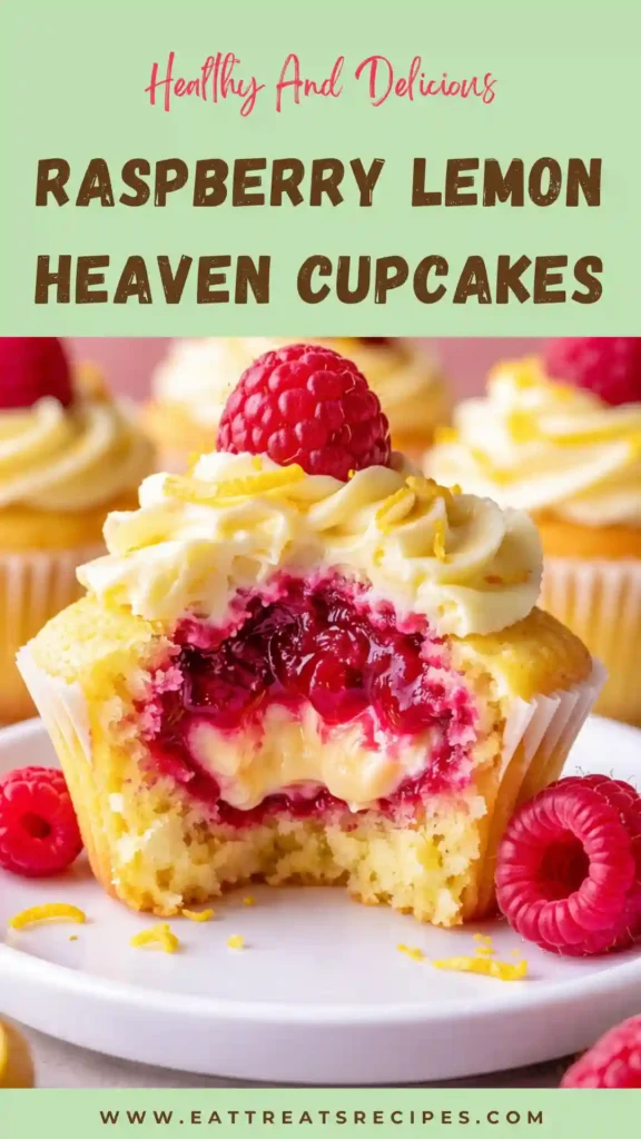 A beautiful plate of raspberry lemon cupcakes with creamy frosting and fresh berries.