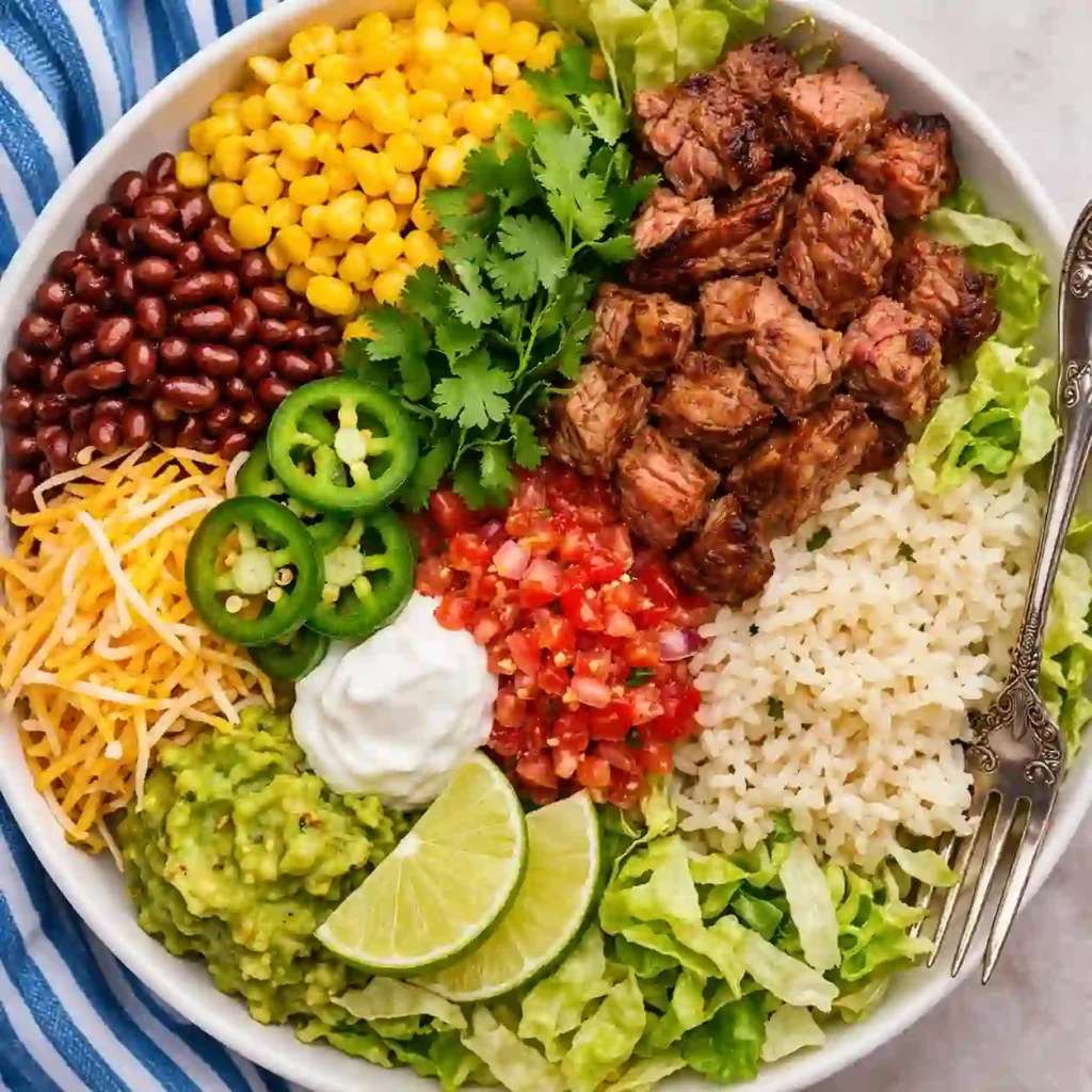 steak burrito bowls colorful healthy high protein meal rice beans steak