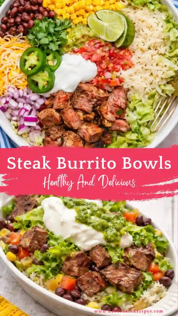 steak burrito bowls colorful healthy high protein meal rice beans steak