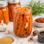 Hot honey pickled carrots in glass jars