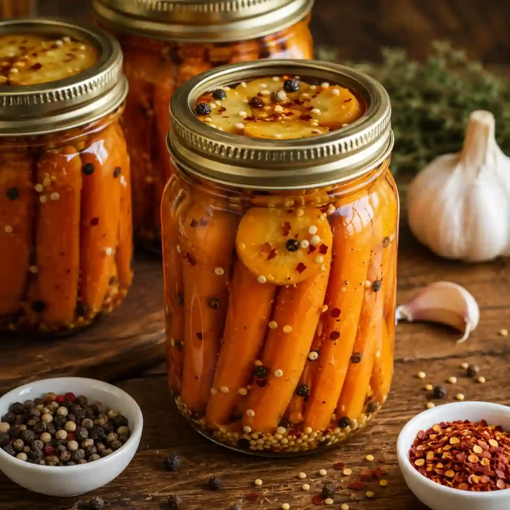 Hot honey pickled carrots in glass jars