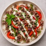 Ground Beef Philly Cheesesteak Bowl with provolone and vegetables