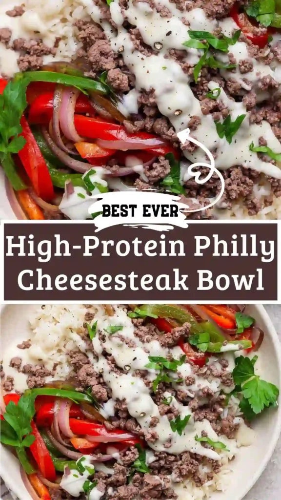 Ground Beef Philly Cheesesteak Bowl with provolone and vegetables