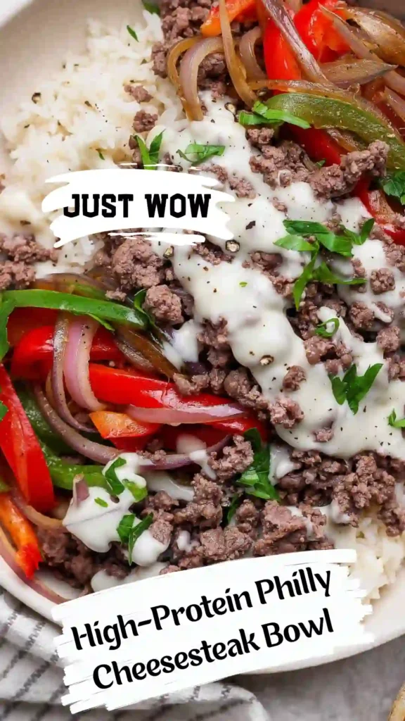 Ground Beef Philly Cheesesteak Bowl with provolone and vegetables