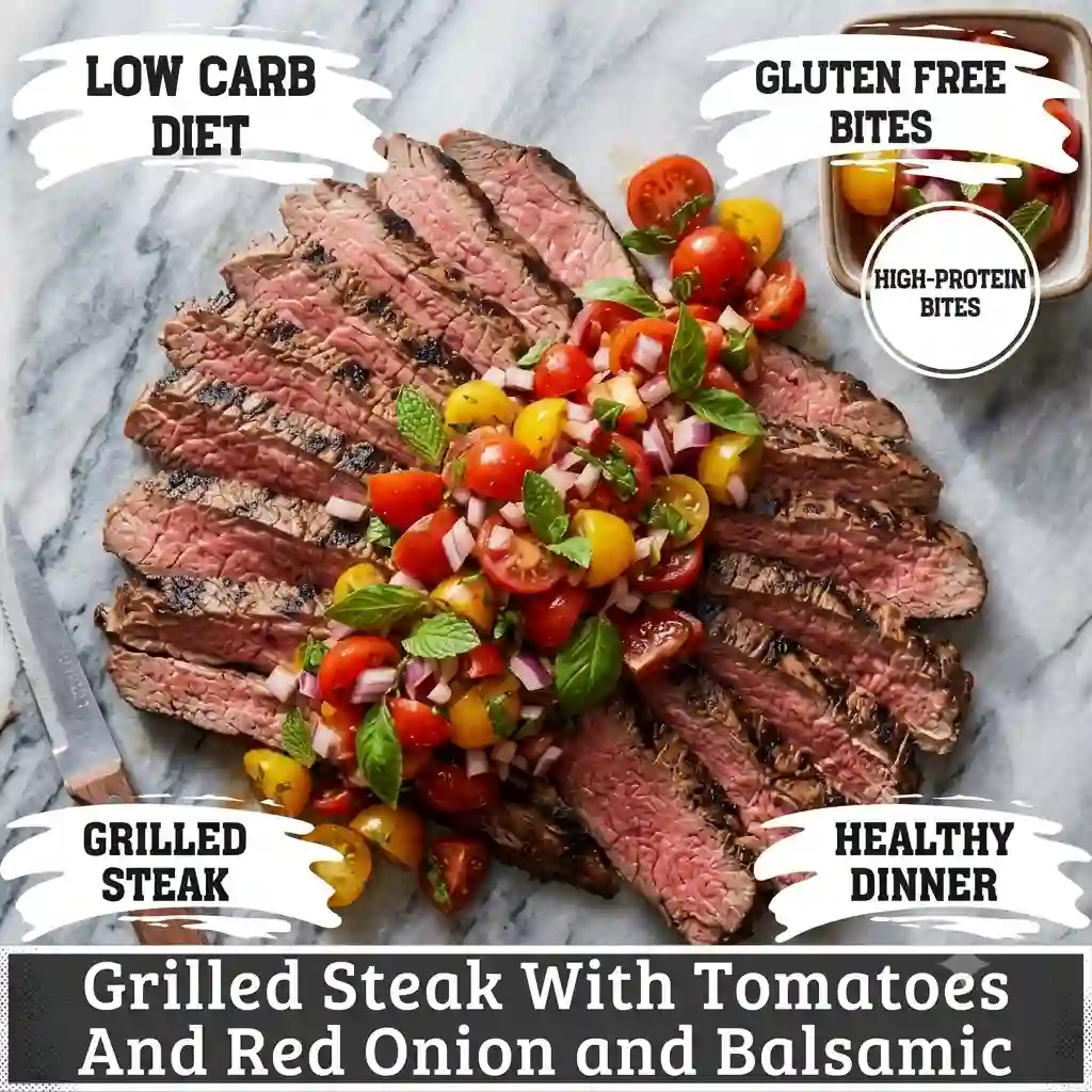 Sliced grilled flank steak with tomatoes and balsamic dressing.