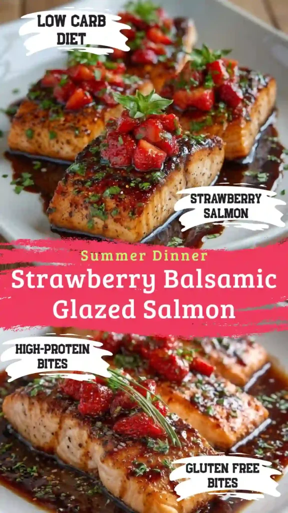 Strawberry Balsamic Glazed Salmon on a white plate with basil.