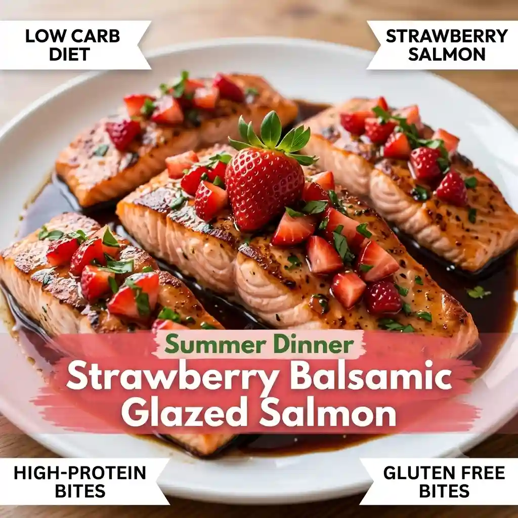 Strawberry Balsamic Glazed Salmon on a white plate with basil.