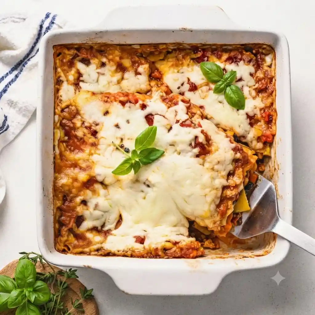 A bubbling hot dish of high protein ratatouille lasagna with golden melted cheese on a wooden dining table.